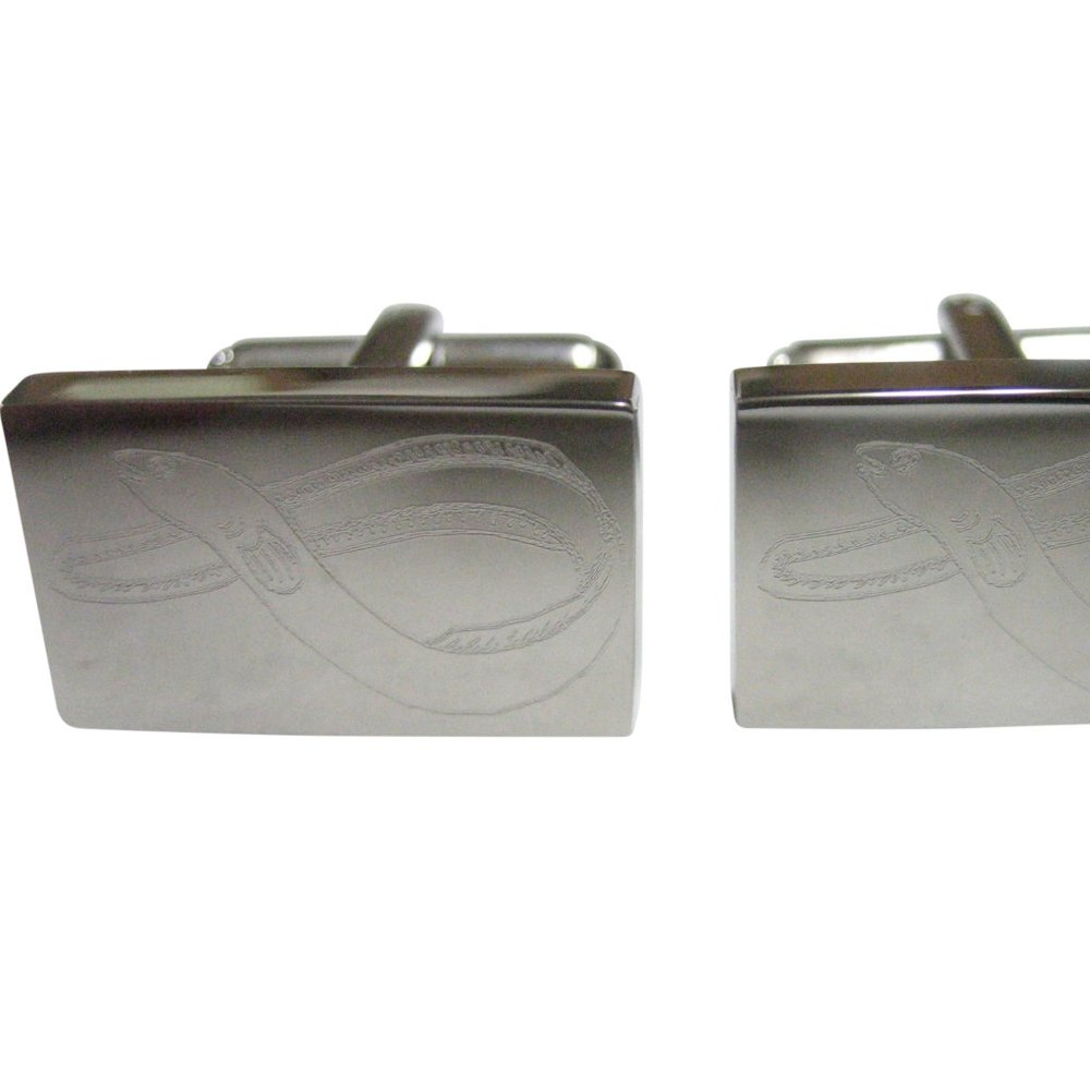 Silver Toned Rectangular Etched Eel Fish Cufflinks